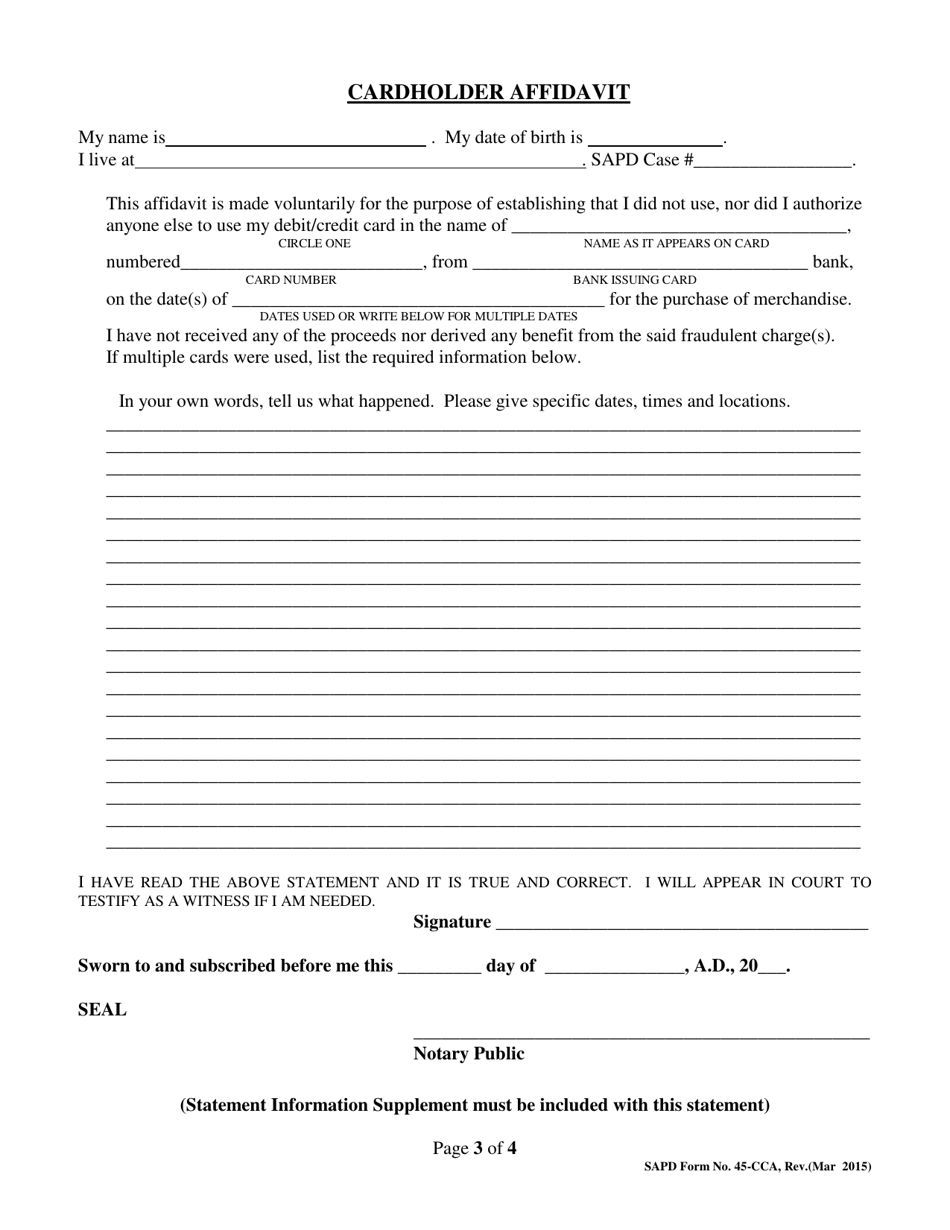 SAPD Form 45-CCA Credit / Debit Card Abuse Form - City of San Antonio, Texas, Page 3