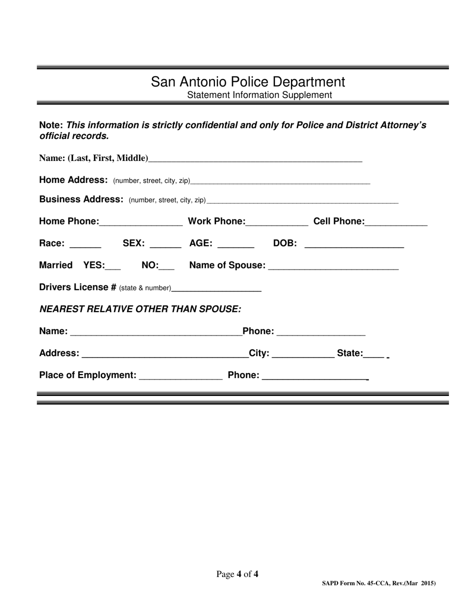 SAPD Form 45-CCA Credit / Debit Card Abuse Form - City of San Antonio, Texas, Page 4