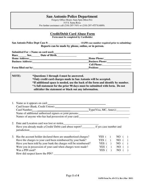 SAPD Form 45-CCA  Printable Pdf