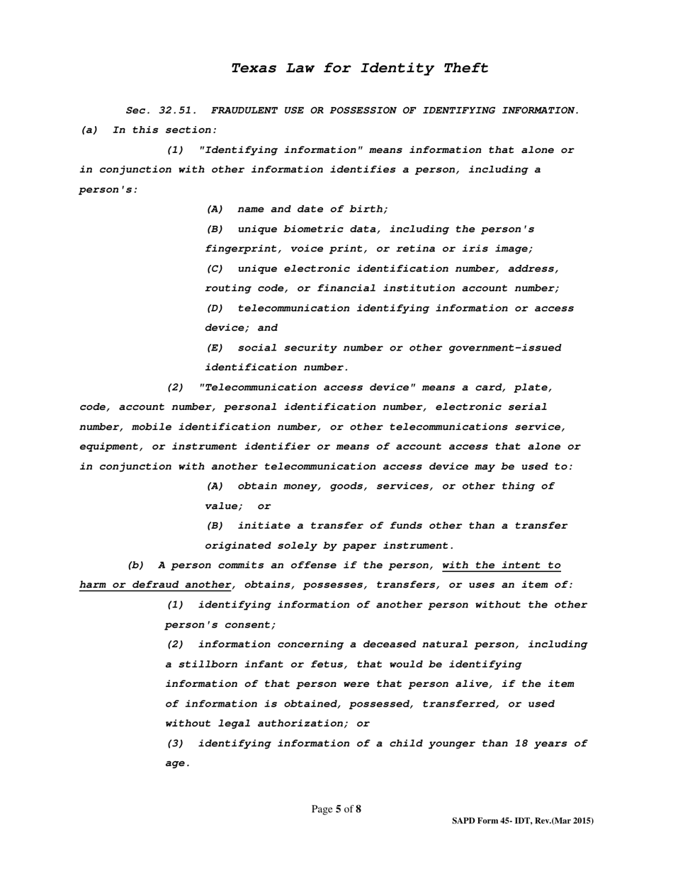 SAPD Form 45-IDT Identity Theft Packet - City of San Antonio, Texas, Page 5