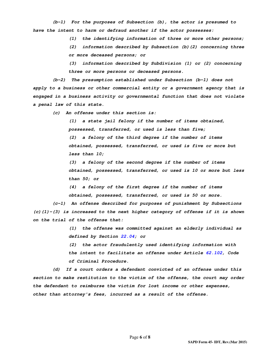 SAPD Form 45-IDT Identity Theft Packet - City of San Antonio, Texas, Page 6