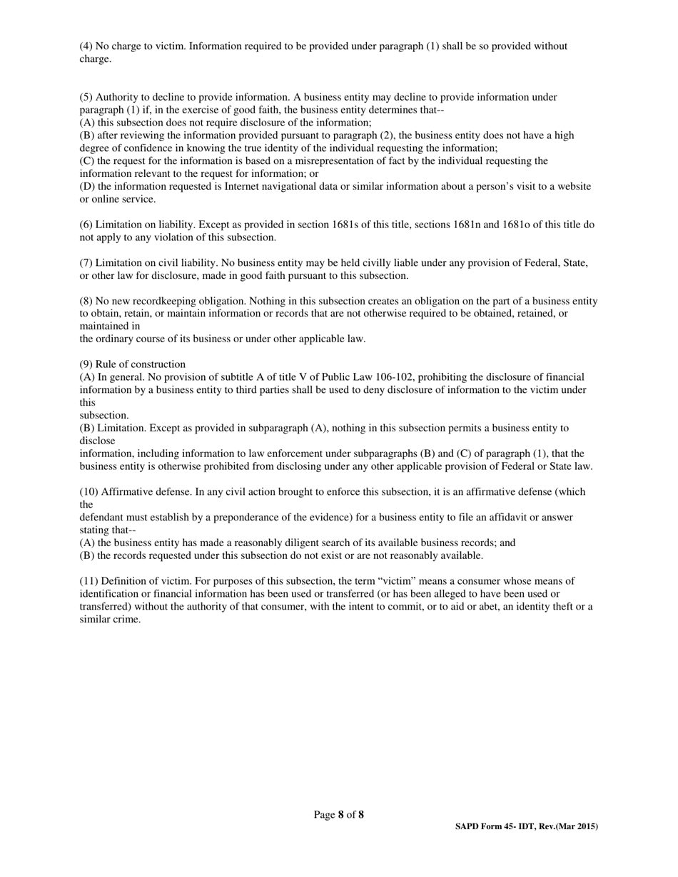 SAPD Form 45-IDT Identity Theft Packet - City of San Antonio, Texas, Page 8