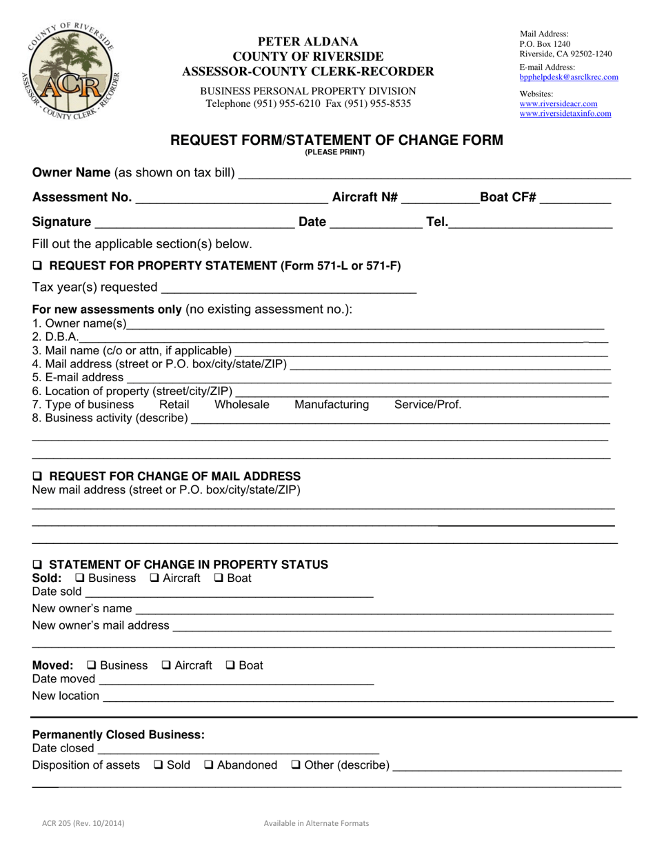 Form ACR205 Request Form/Statement of Change Form - County of Riverside, California, Page 1