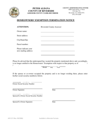 Document preview: Form ACR217 Homeowners' Exemption Termination Notice - County of Riverside, California