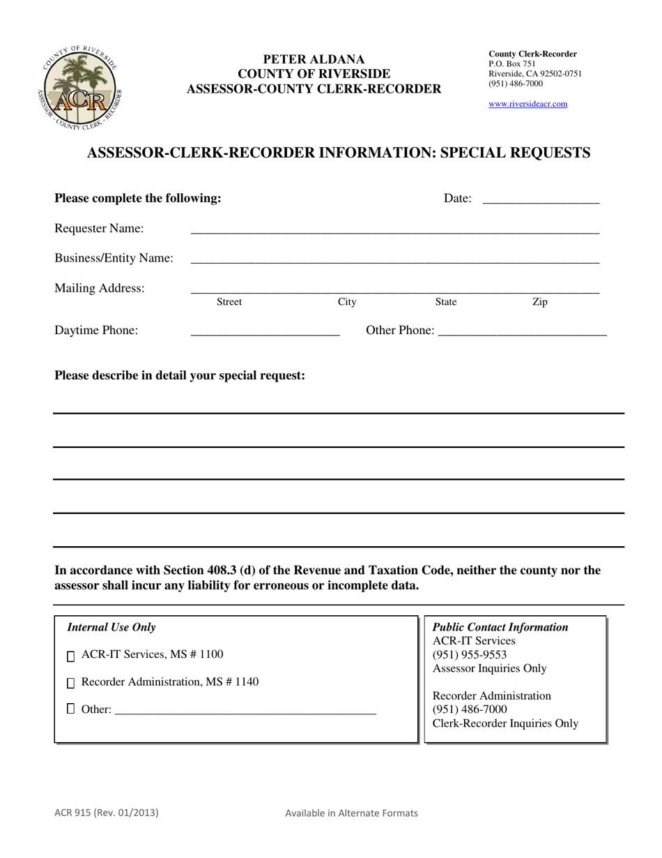 Form ACR915 Assessor-Clerk-Recorder Information: Special Requests - County of Riverside, California, Page 1
