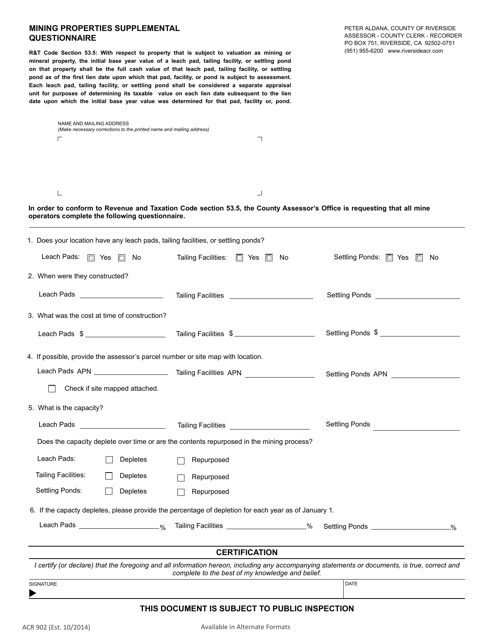 Form ACR902 Mining Properties Supplemental Questionnaire - County of Riverside, California