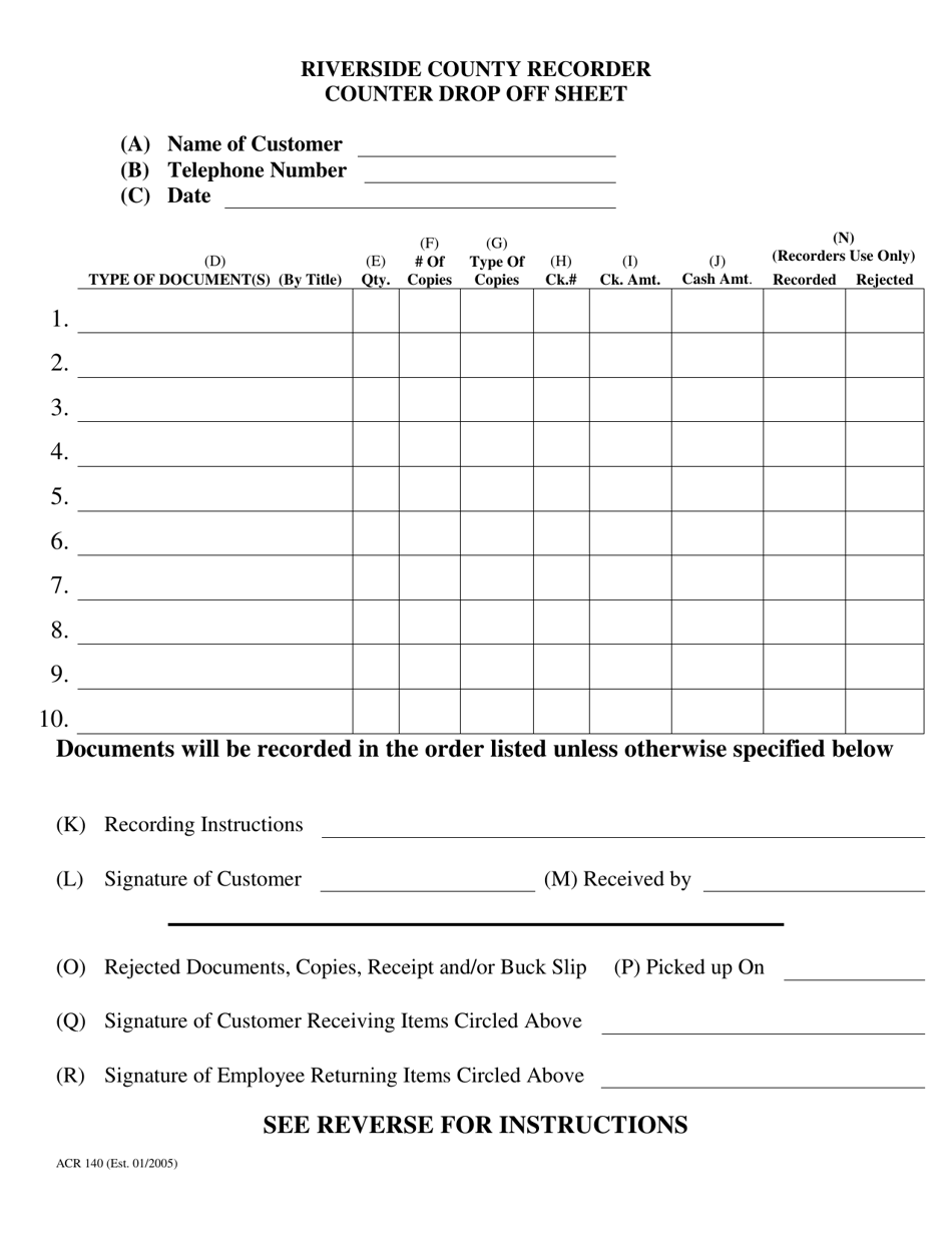 Form ACR140 Counter Drop off Sheet - County of Riverside, California, Page 1