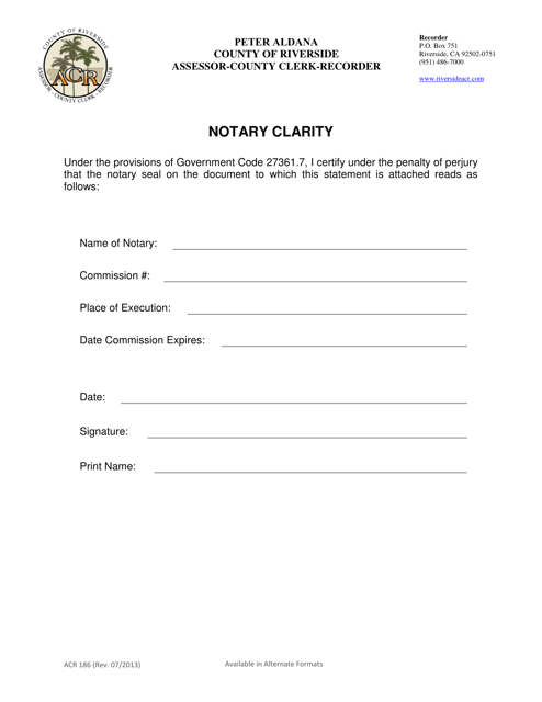 Form ACR186 Notary Clarity - County of Riverside, California