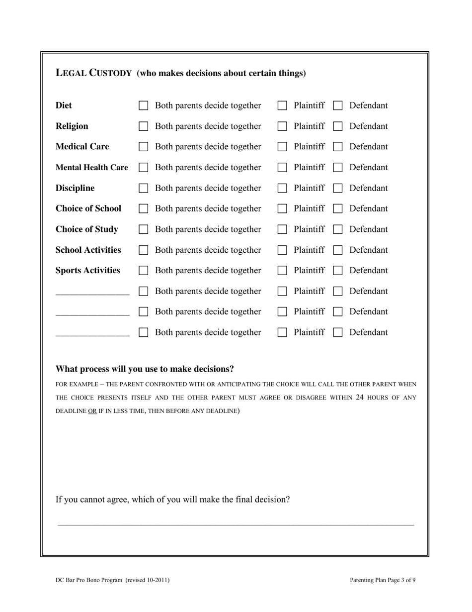Parenting Plan - Washington, D.C., Page 3