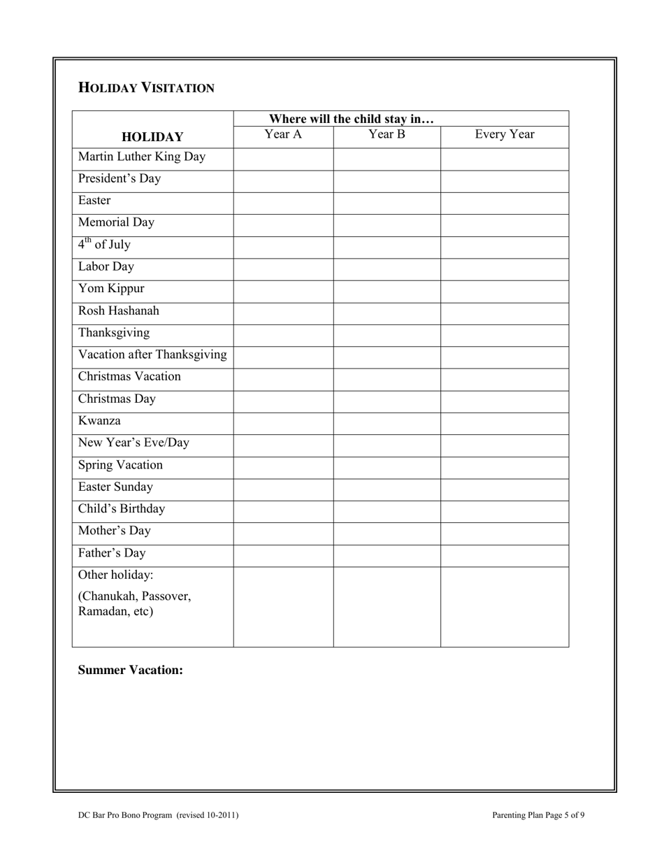 Parenting Plan - Washington, D.C., Page 5