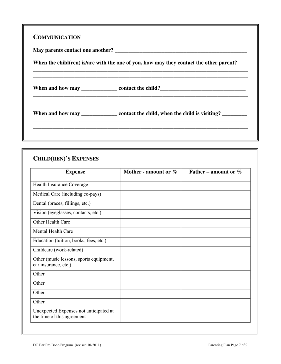 Parenting Plan - Washington, D.C., Page 7