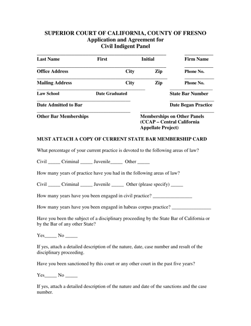 Application and Agreement for Civil Indigent Panel - County of Fresno, California