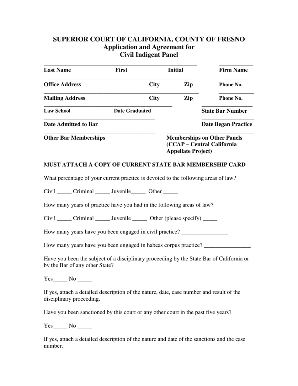 Application and Agreement for Civil Indigent Panel - County of Fresno, California, Page 1