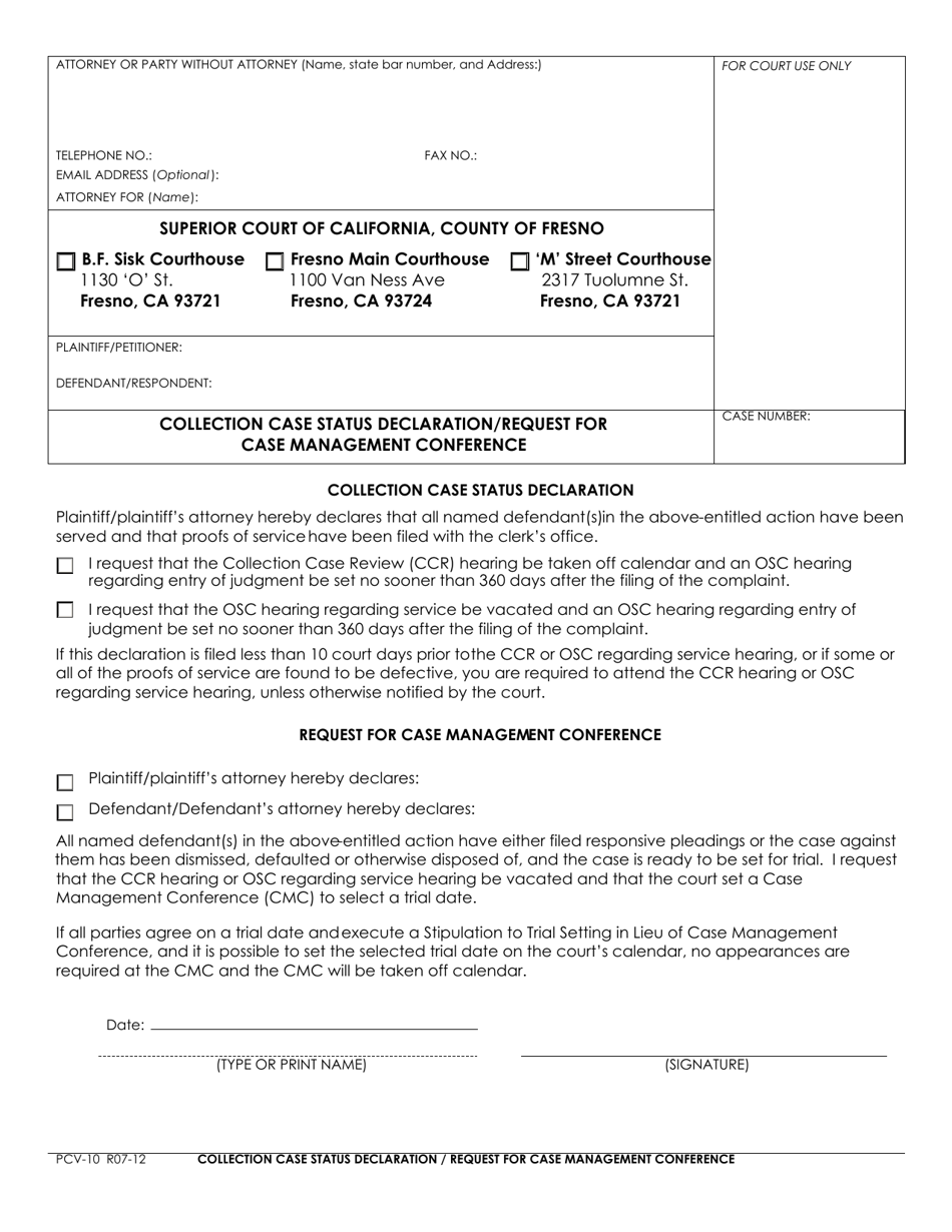 Form PCV-10 Collection Case Status Declaration / Request for Case Management Conference - County of Fresno, California, Page 1
