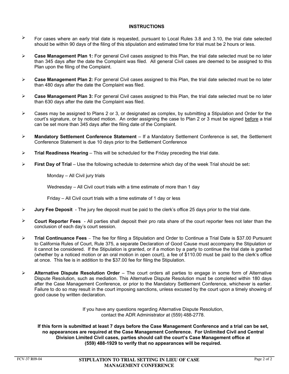 Form FCV-37 Stipulation to Trial Setting in Lieu of Case Management Conference - County of Fresno, California, Page 2