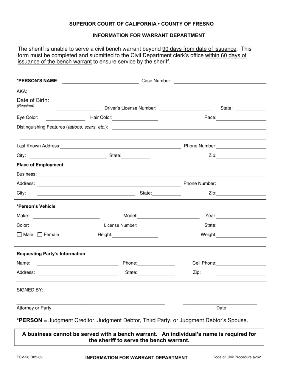 Form FCV-28 Information for Warrant Department - County of Fresno, California, Page 1