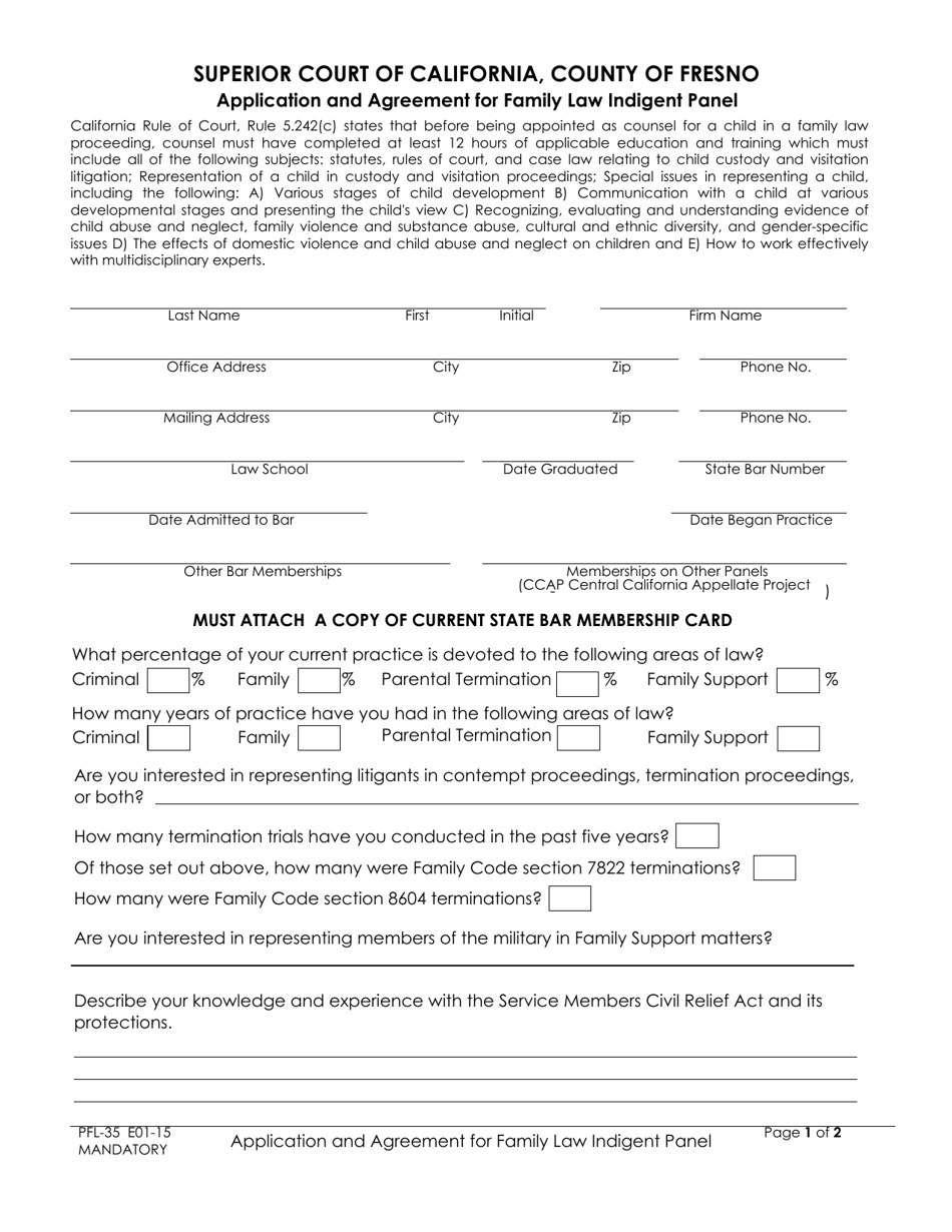 Form PFL-35 Application and Agreement for Family Law Indigent Panel - County of Fresno, California, Page 1