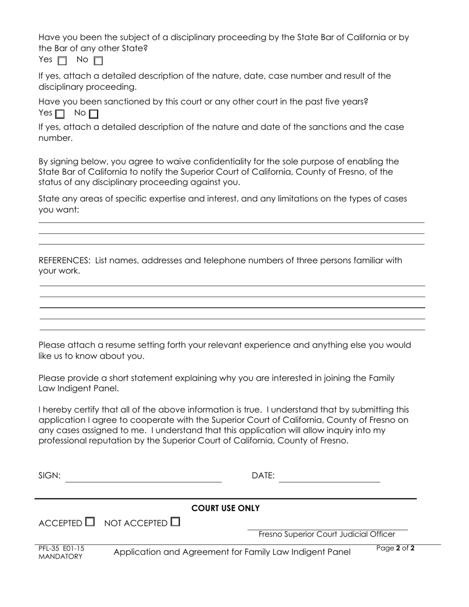 Form PFL-35 Application and Agreement for Family Law Indigent Panel - County of Fresno, California, Page 2