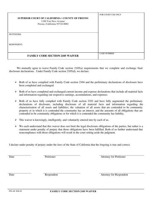 Form FFL-08 Family Code Section 2105 Waiver - County of Fresno, California