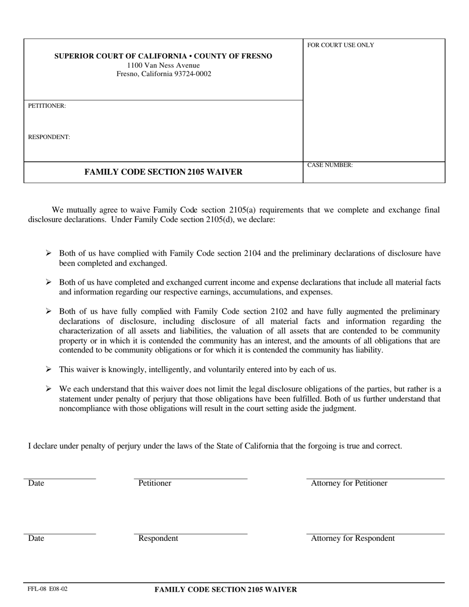 Form FFL-08 Family Code Section 2105 Waiver - County of Fresno, California, Page 1