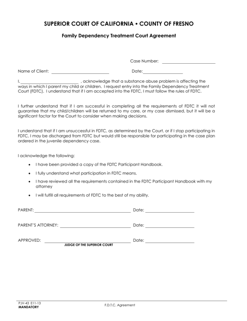Form PJV-43 Family Dependency Treatment Court Agreement - County of Fresno, California