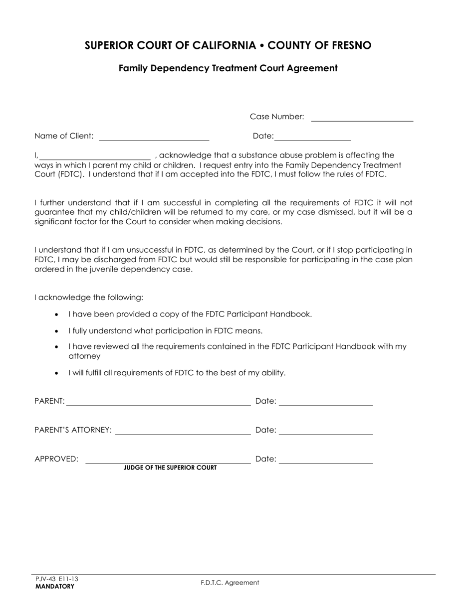 Form PJV-43 Family Dependency Treatment Court Agreement - County of Fresno, California, Page 1