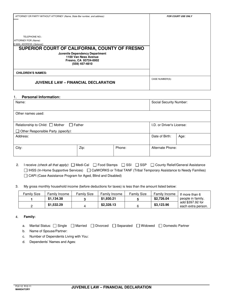 Form PJV-12 Juvenile Law - Financial Declaration - County of Fresno, California, Page 1