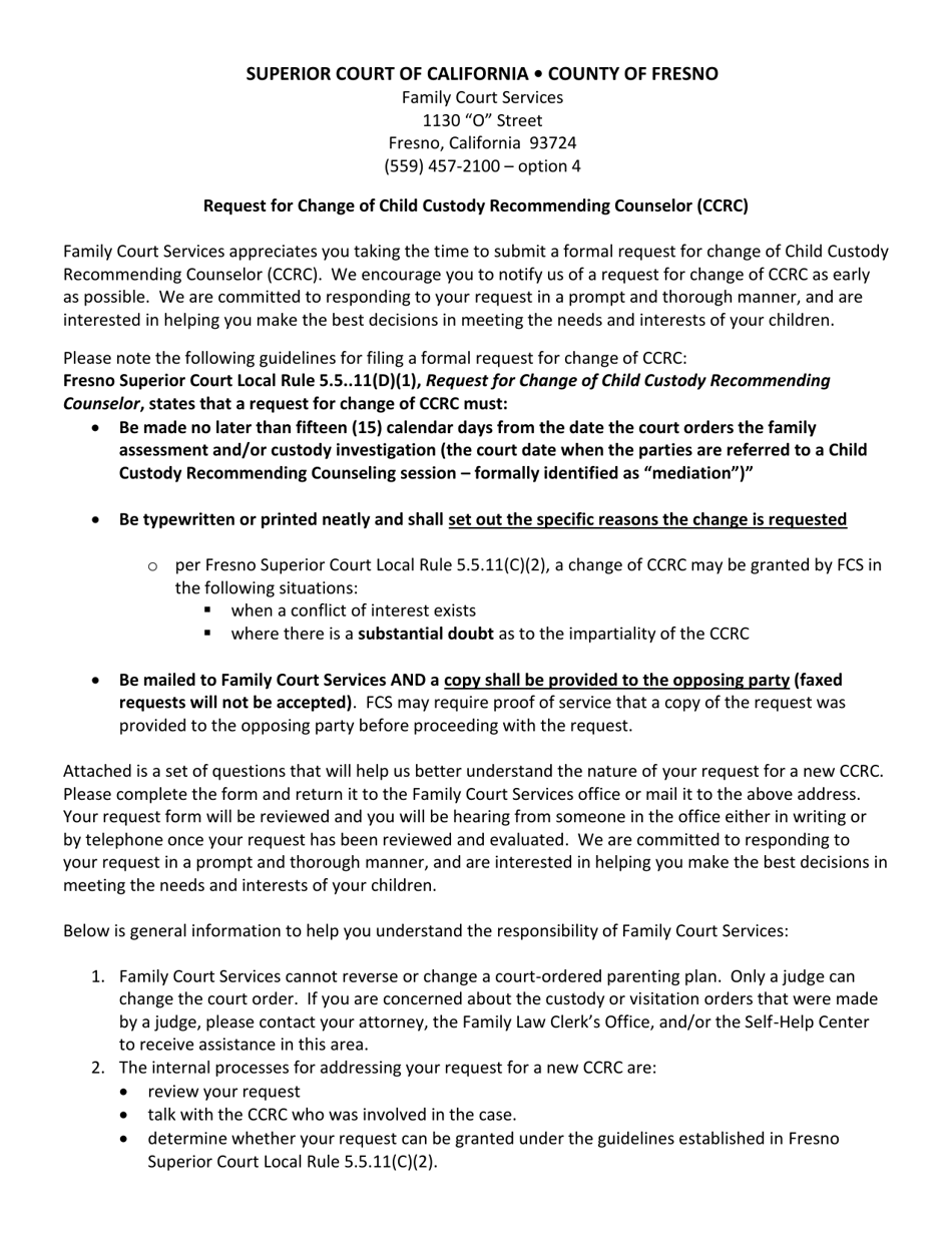 Form PFC-61 Family Court Services Request for New Child Custody Recommending Counselor (Ccrc) - County of Fresno, California, Page 1