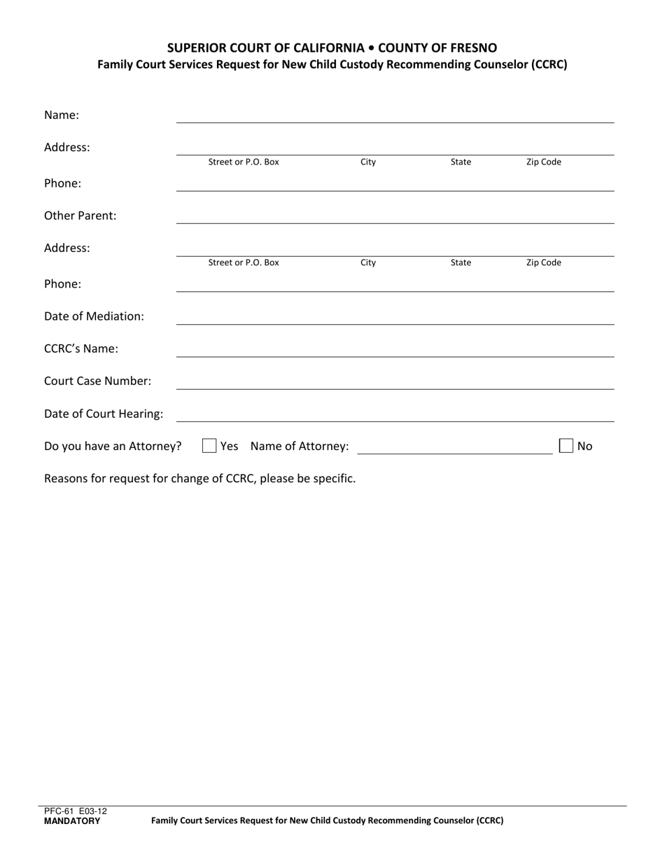 Form PFC-61 Family Court Services Request for New Child Custody Recommending Counselor (Ccrc) - County of Fresno, California, Page 2