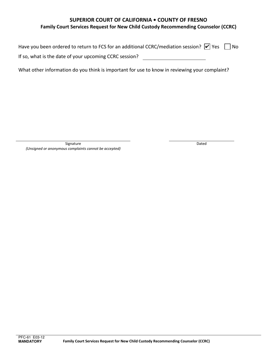 Form PFC-61 Family Court Services Request for New Child Custody Recommending Counselor (Ccrc) - County of Fresno, California, Page 3
