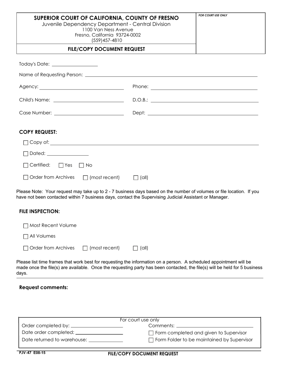 Form PJV-47 File / Copy Document Request - County of Fresno, California, Page 1