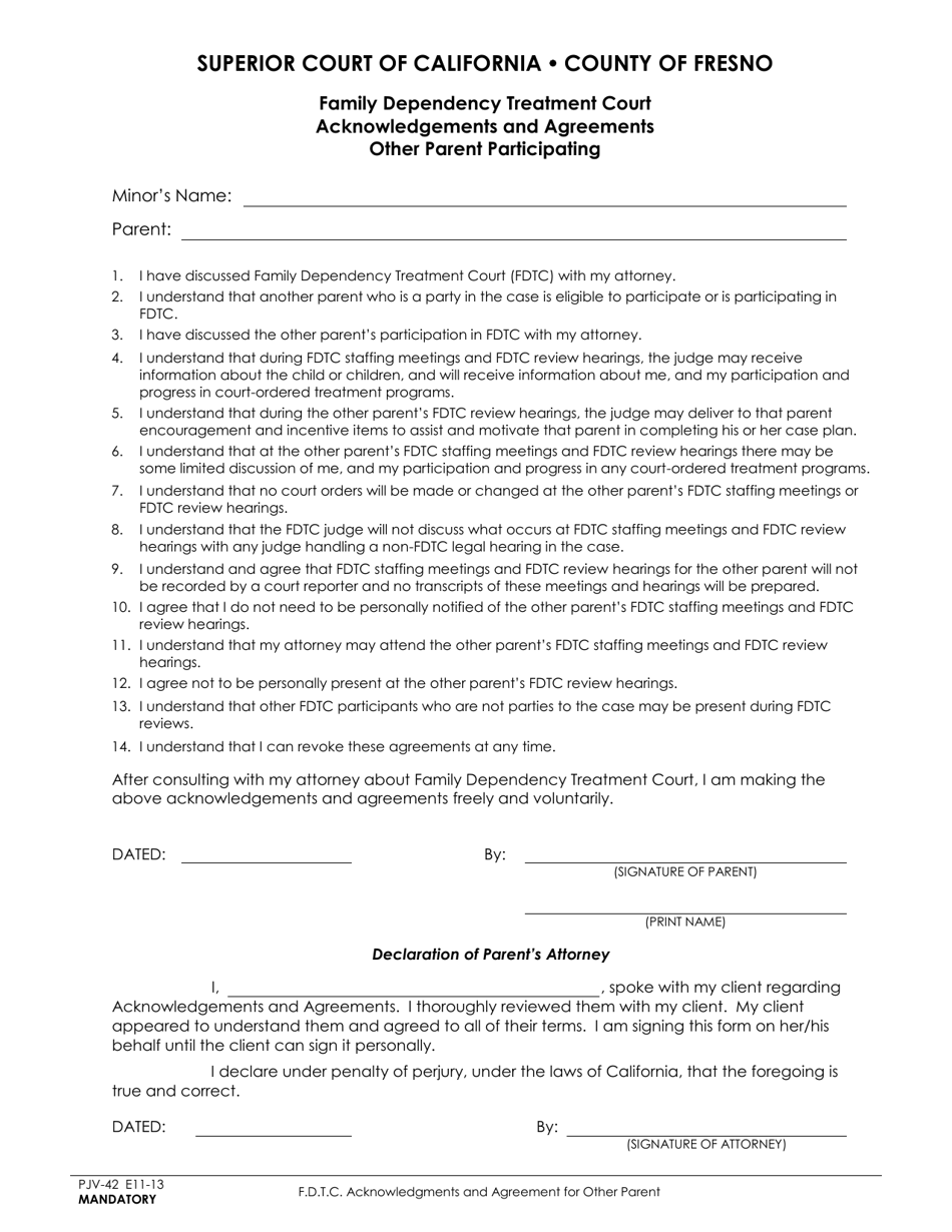 Form PJV-42 Family Dependency Treatment Court Acknowledgements and Agreements - Other Parent Participating - County of Fresno, California, Page 1