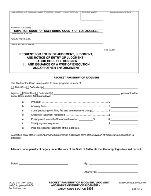 Form LACIV215  Printable Pdf