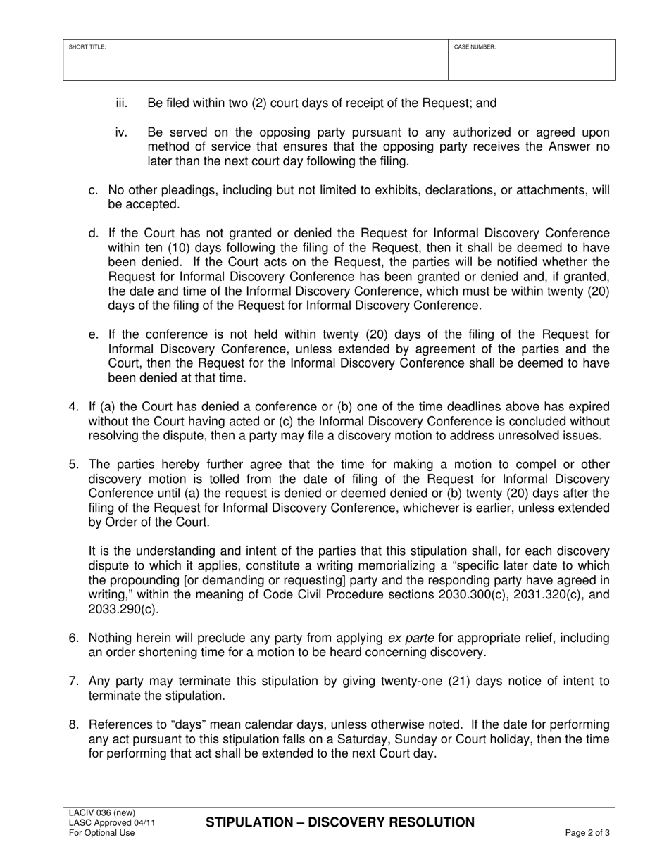 Form LACIV036 Stipulation - Discovery Resolution - County of Los Angeles, California, Page 2