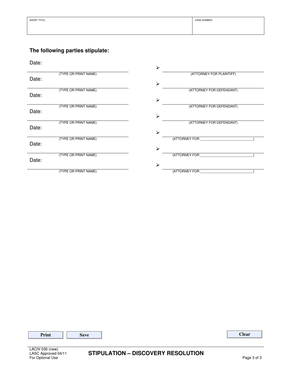 Form LACIV036 Stipulation - Discovery Resolution - County of Los Angeles, California, Page 3
