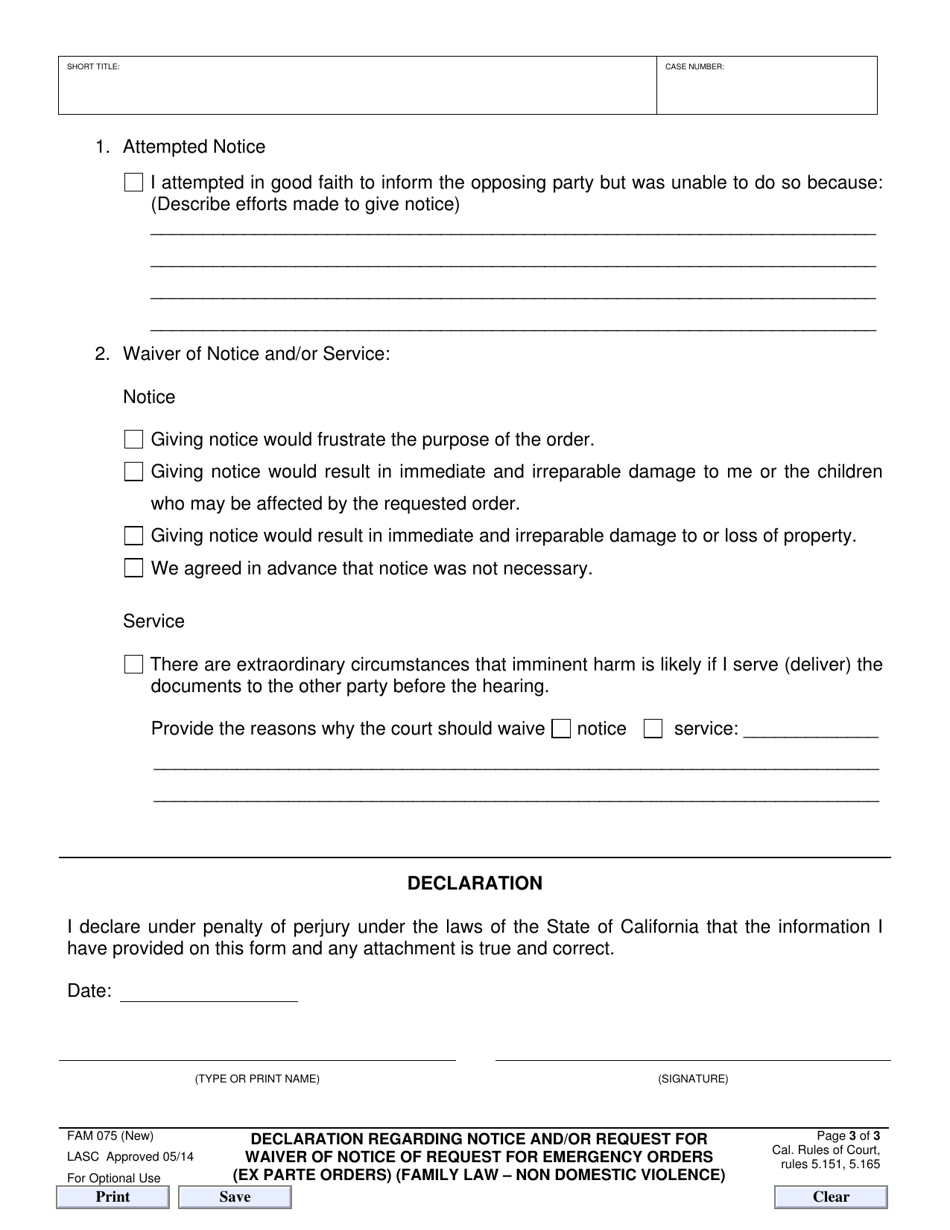 Form FAM075 Declaration Regarding Notice and / or Request for Waiver of Notice of Request for Emergency Orders (Ex Parte Orders) (Family Law - Non Domestic Violence) - County of Los Angeles, California, Page 3