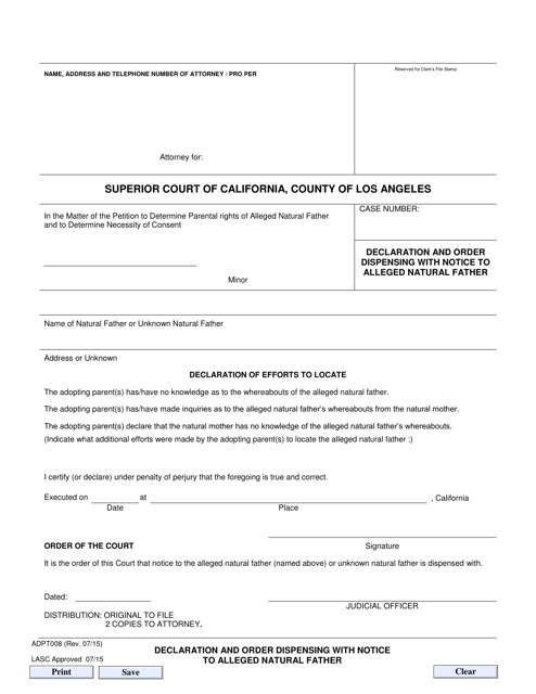 Form ADPT008 Declaration and Order Dispensing With Notice to Alleged Natural Father - County of Los Angeles, California
