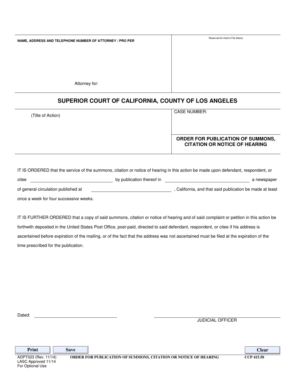 Form ADPT023 Order for Publication of Summons, Citation or Notice of Hearing - County of Los Angeles, California, Page 1