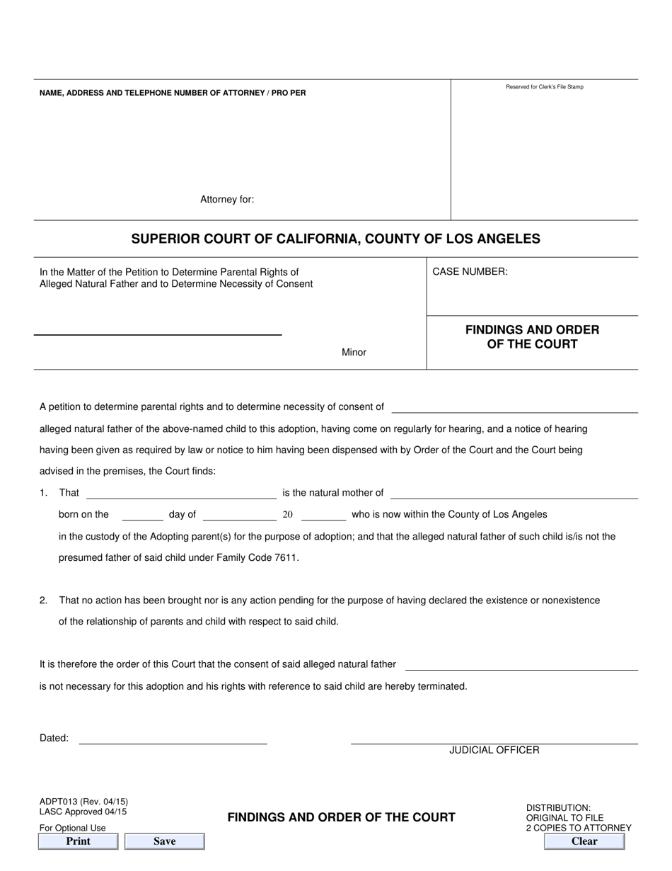 Form ADPT013 Findings and Order of the Court - County of Los Angeles, California, Page 1