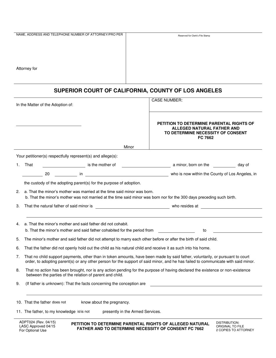 Form ADPT024 Petition to Determine Parental Rights of Alleged Natural Father and to Determine Necessity of Consent - County of Los Angeles, California, Page 1