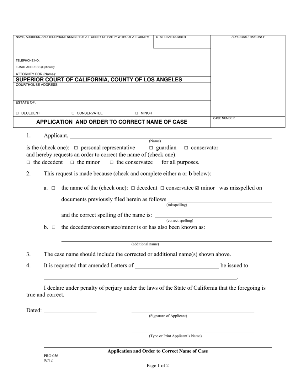 Form PRO056 Application and Order to Correct Name of Case - County of Los Angeles, California, Page 1