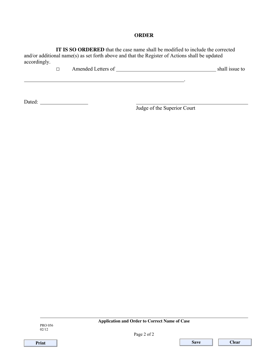 Form PRO056 Application and Order to Correct Name of Case - County of Los Angeles, California, Page 2