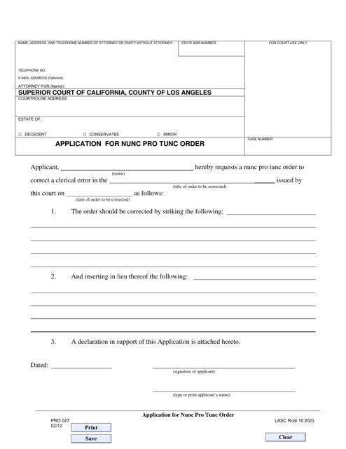 Form PRO027 Application for Nunc Pro Tunc Order - County of Los Angeles, California