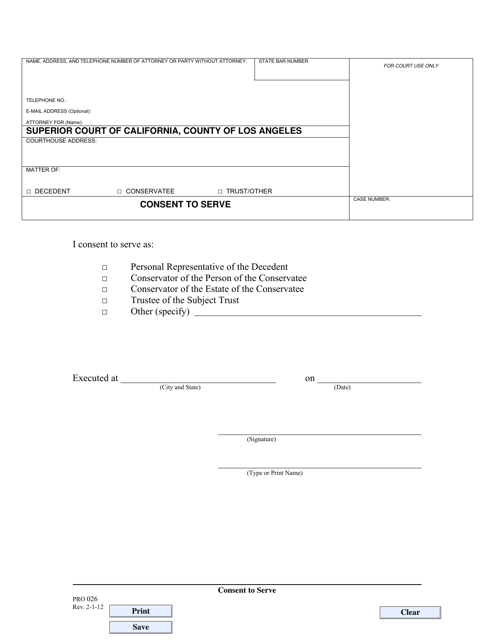 Form PRO026 Consent to Serve - County of Los Angeles, California