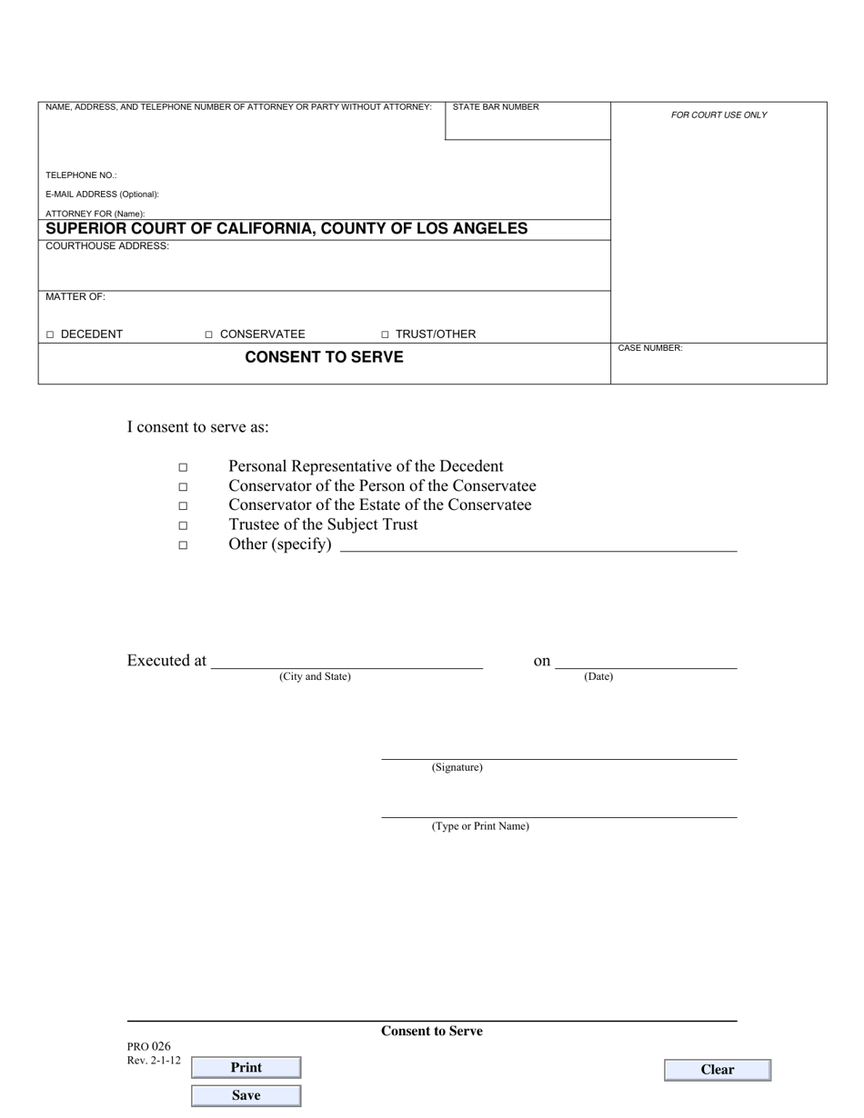 Form PRO026 Consent to Serve - County of Los Angeles, California, Page 1