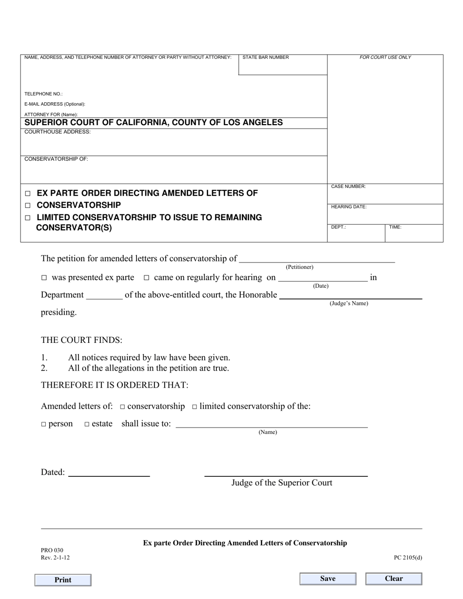 Form PRO030 Ex Parte Order Directing Amended Letters of Conservatorship - County of Los Angeles, California, Page 1