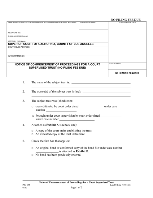 Form PRO044 Notice of Commencement of Proceedings for a Court Supervised Trust - County of Los Angeles, California