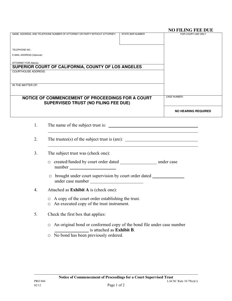 Form PRO044 Notice of Commencement of Proceedings for a Court Supervised Trust - County of Los Angeles, California, Page 1