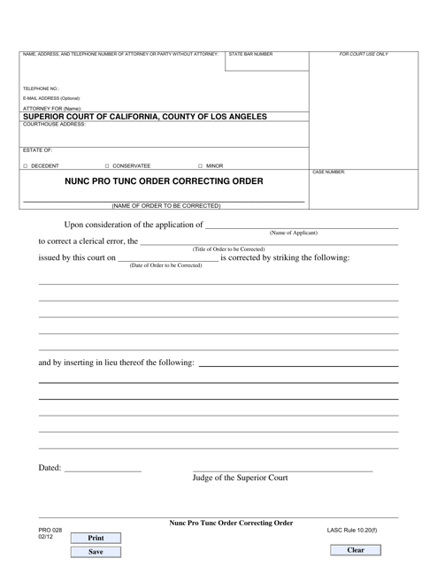 Form PRO028 Nunc Pro Tunc Order Correcting Order - County of Los Angeles, California