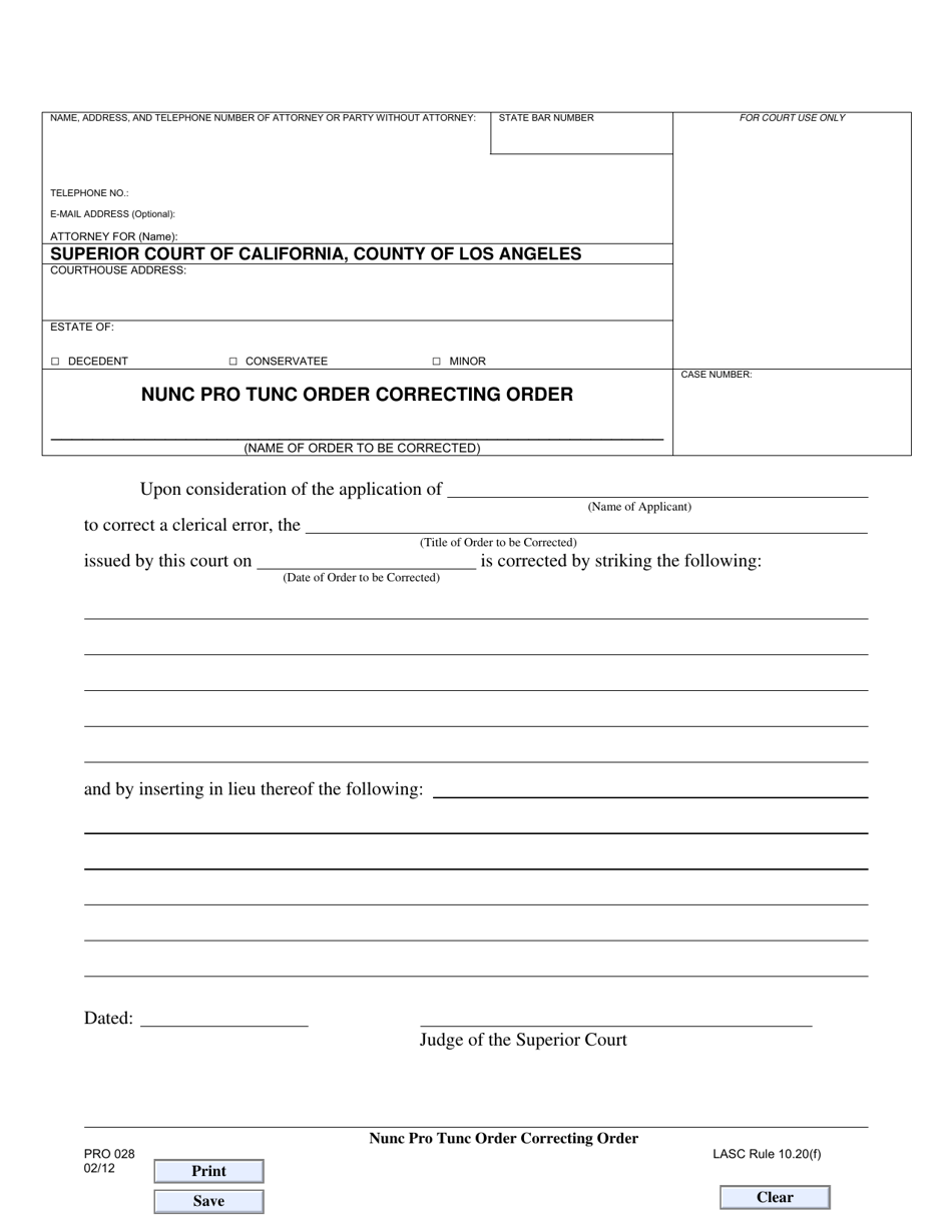 Form PRO028 Nunc Pro Tunc Order Correcting Order - County of Los Angeles, California, Page 1